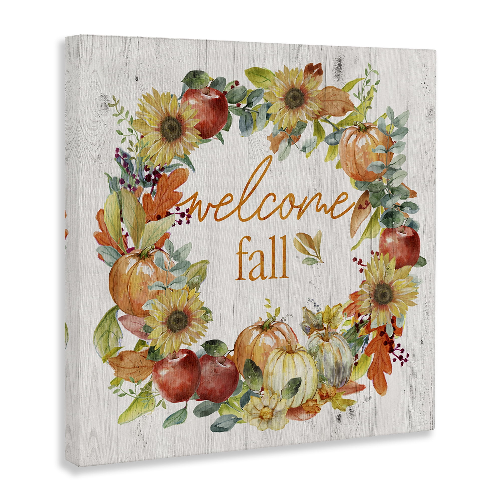 Stupell Industries Welcome Fall Pumpkin Wreath Botanical & Floral Painting Gallery Wrapped Canvas Art Prints Wall Art, 17 x 17