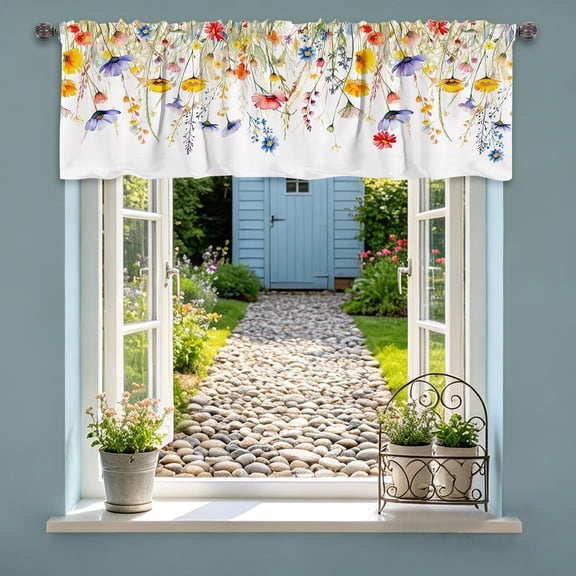 Floral Wildflower Rod Pocket Kitchen Curtains,Watercolor Tier and Valance Curtains,Light Filtering Short Window Treatments for Bathroom,Bedroom,Living Room and Cafe
