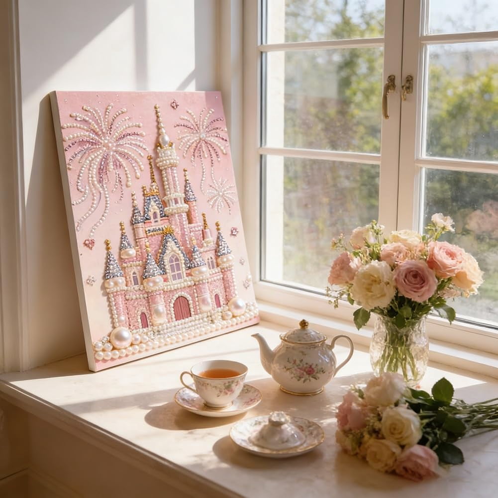 DIY Beaded Art Kit Castle Pearl Painting Textural Canvas Craft Set, 15.7in Creative Hobby Sparkling Wall Decor Gift for Home Art Lovers