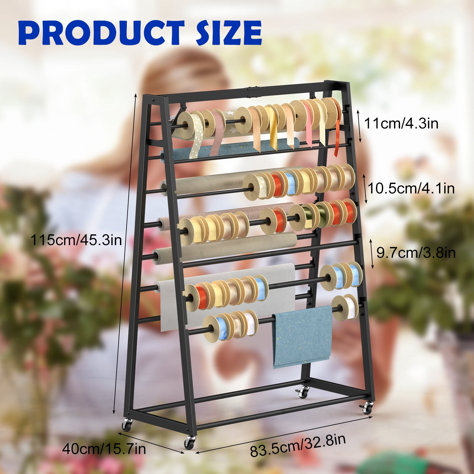 15 Tier Rolling Ribbon Organizer Holder, Double-Sided Metal Spool Rack with Wheels, Gift Wrapping Storage Cart for Craft, Flower, Cake Shop, Fits Ribbons, Wrapping Paper, Scarves, Towels