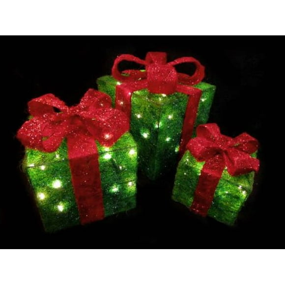 Lot de 3 Coffrets Cadeaux en Sisal Vert Pétillant Éclairés Décorations d'Art de Jardin de Noël