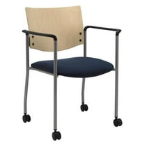 KFI Studios Evolve Stack Chair with Arms & Casters, Natural Wood Back, Navy Seat