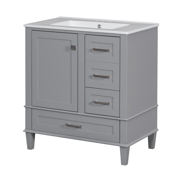 30" Bathroom Vanity , Modern Bathroom Cabinet with Sink Combo Set, Bathroom Storage Cabinet with a Soft Closing Door and 3 Drawers, Solid Wood Frame(Grey)