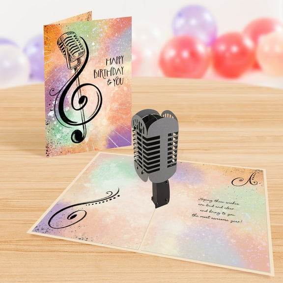 Designer Pop!, Birthday Pop-Up Greeting Card – Music Note Art Design and 3D Microphone Card for Music Lovers (1 Card with Envelope)