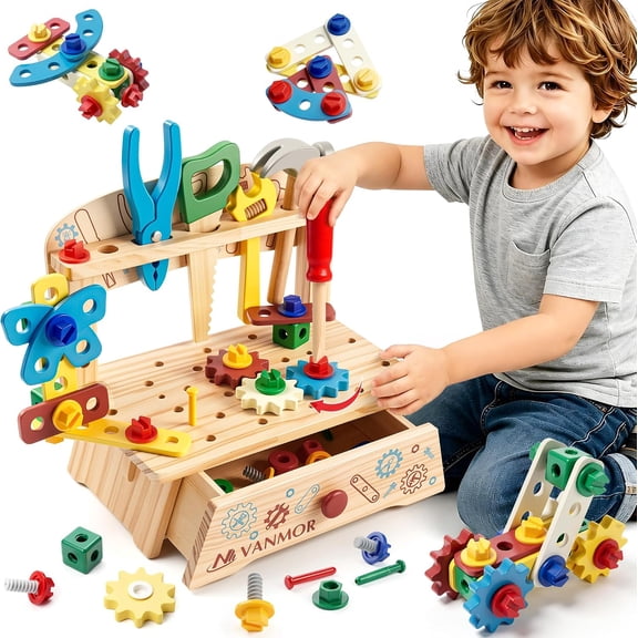 Vanmor Wooden Tool Set for Kids, 57 PCS Portable Toddler Tools with Bench,Montessori STEM Educational Pretend Play Construction Toys,Preschool Learning Gifts for 3-6 Year Old Boys Girls