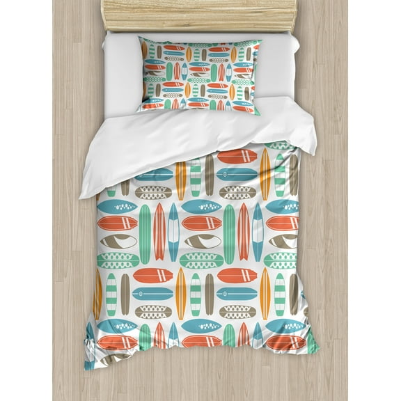Surfboard Twin Size Duvet Cover Set, Colorful Surfing Sea Pattern with Summer Travel Illustration in Retro Colors, Decorative 2 Piece Bedding Set with 1 Pillow Sham, Multicolor, by Ambesonne