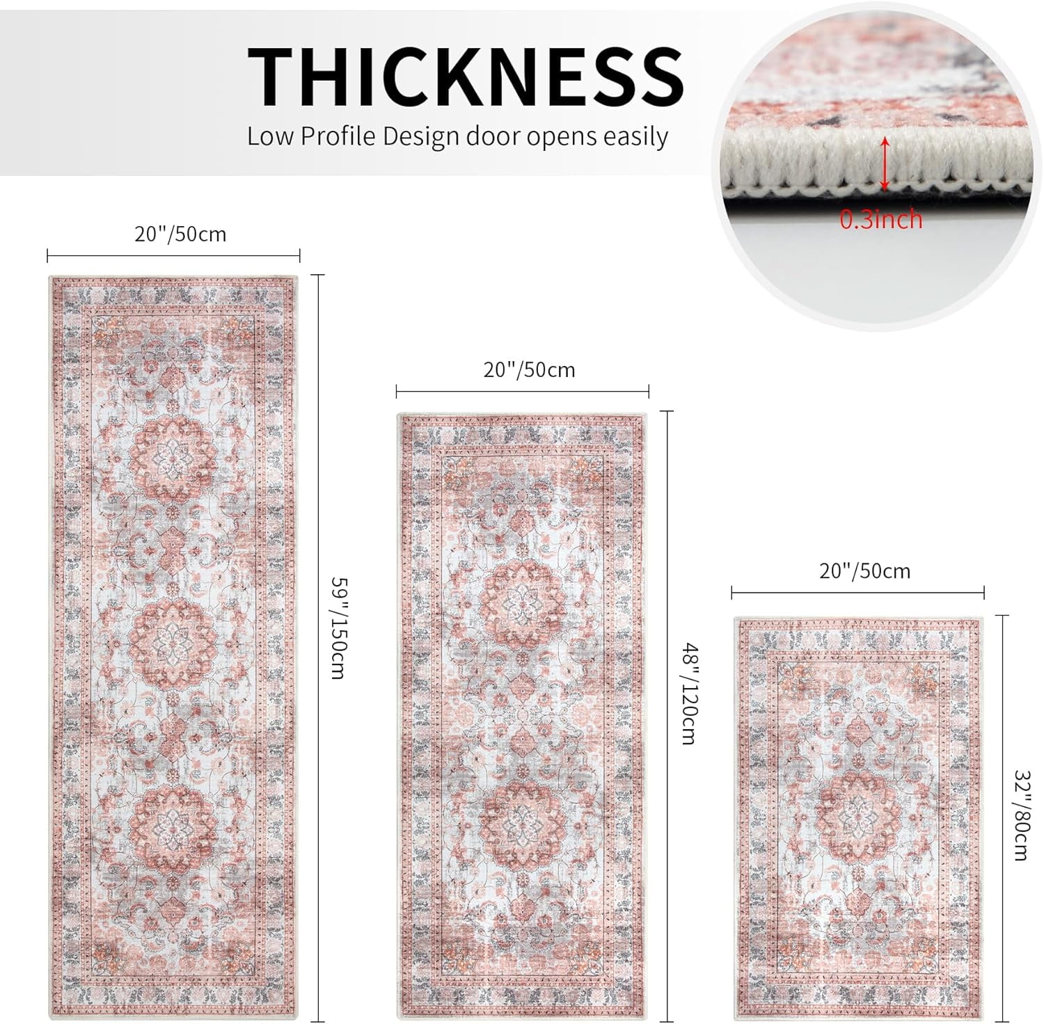 Kitchen Rugs Sets of 3 Kitchen Mats for Floor 3 Piece Set Non Slip Washable Pink Kitchen Mat Set Kitchen Runner Rug Carpet for Laundry Room Front Door
