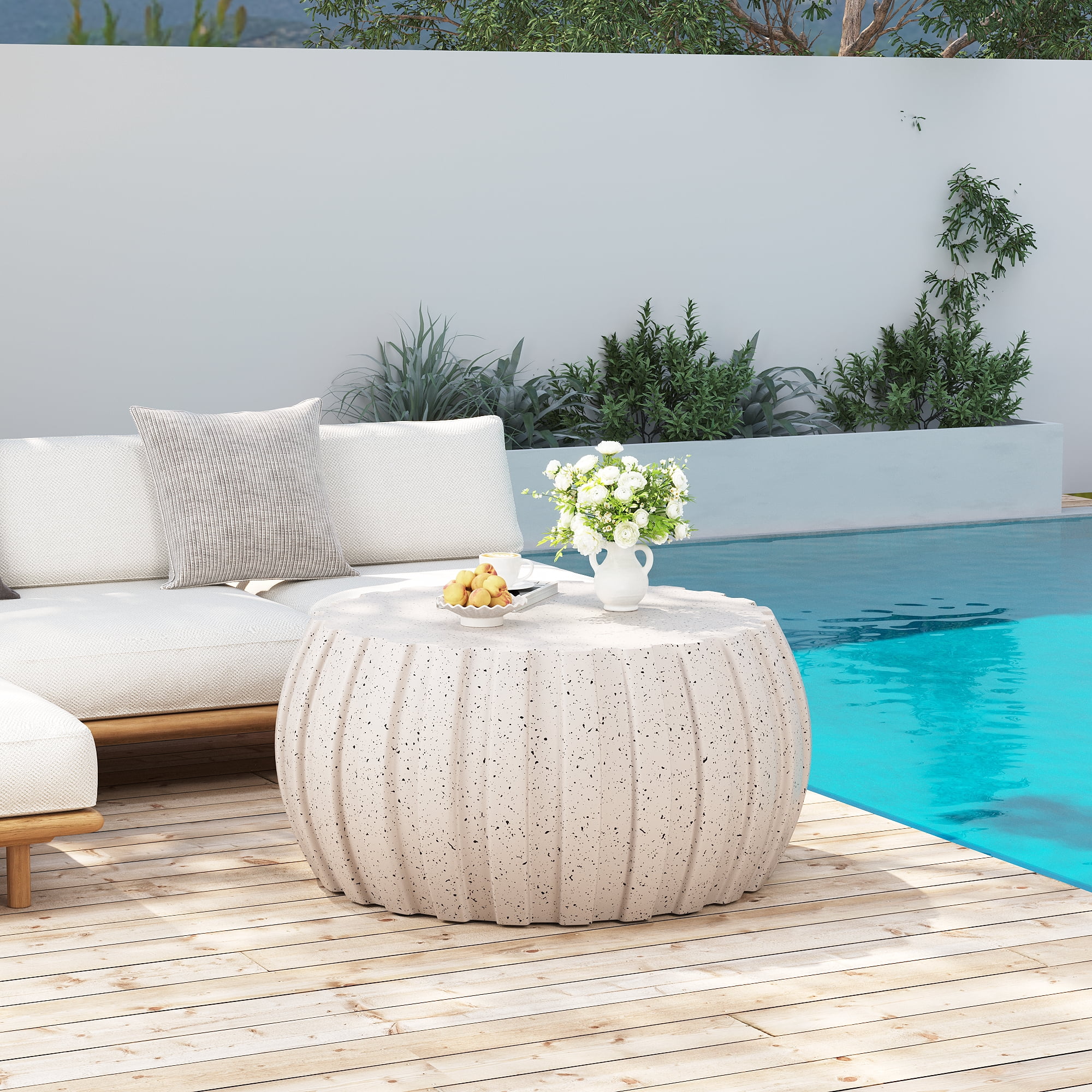 FFH 35.43" Coffee Table for Living Room, Modern Patio Coffee Table, Waterproof, Durable MgO Cement Design, White
