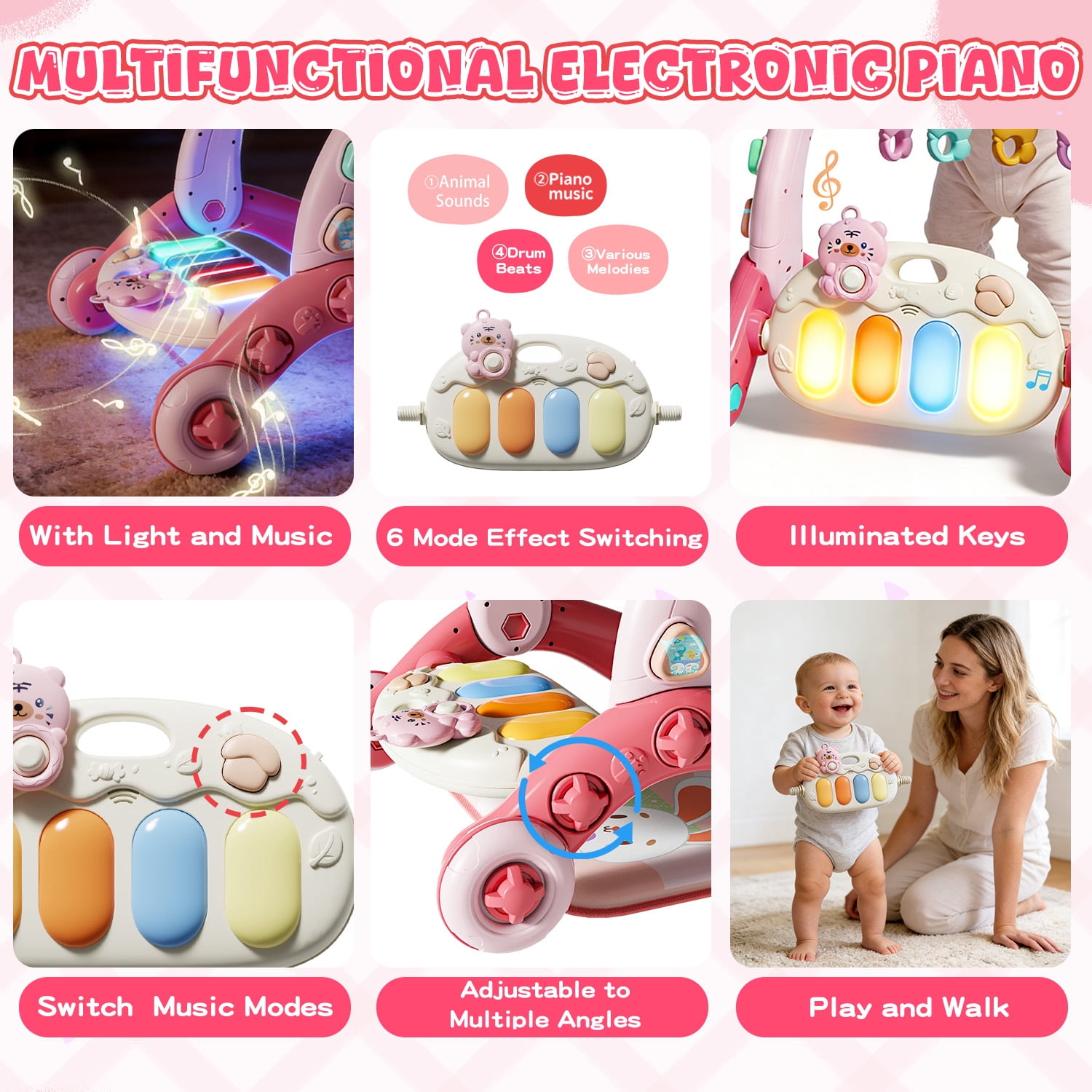 WonderStone 6-in-1 Baby Gym Play Mat, Activity Center Walker with Water Mat, 5 Infant Toys & Portable Musical Piano Panel for Babies 0–12 Months, Pink