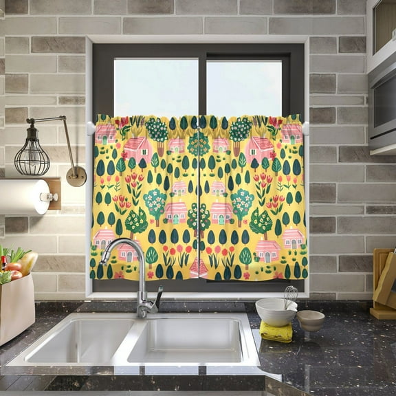 Trees and Houses Kitchen Curtains Half Tier Curtain 2 Rod Pockets Bathroom Bedroom Cupborad Living Room 27"x24"
