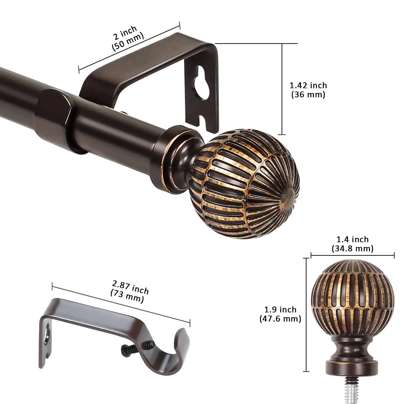 Urbanest 5/8" Single Telescoping Curtain Rod with Volle Finials, Bronze Gold, 28"-48"