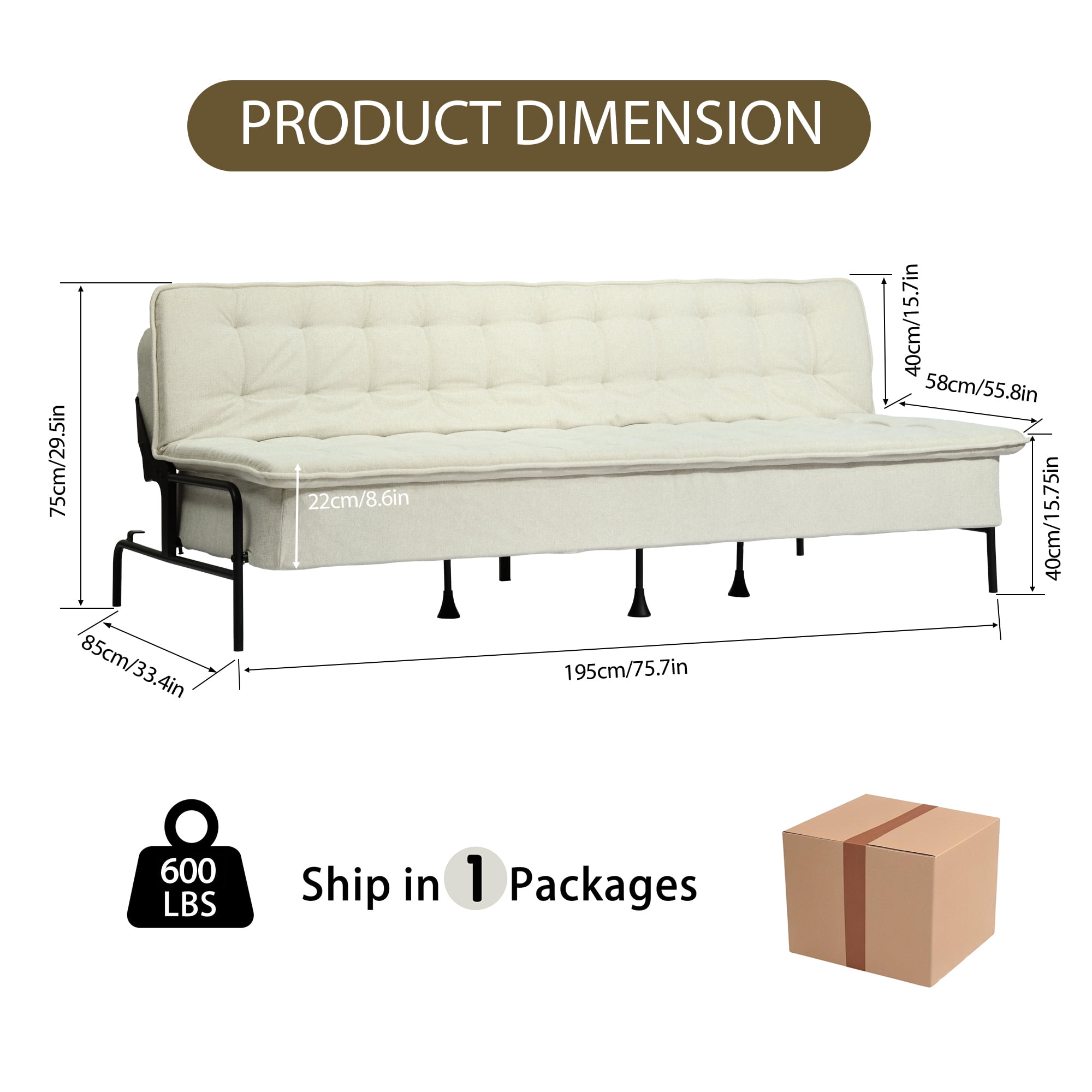 Homy Casa 3-Seat Armless Sofa Bed with Independent Spring Seat & Adjustable Backrest, 600 lbs Capacity