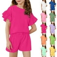 thumbnail image 2 of Abcomgle Girls Summer Outfits 7-8 Ruffle Sleeve T Shirts and Elastic Waist Shorts Cute Trendy Girls' Clothing Sets 8-9 Years,Pink, 2 of 3