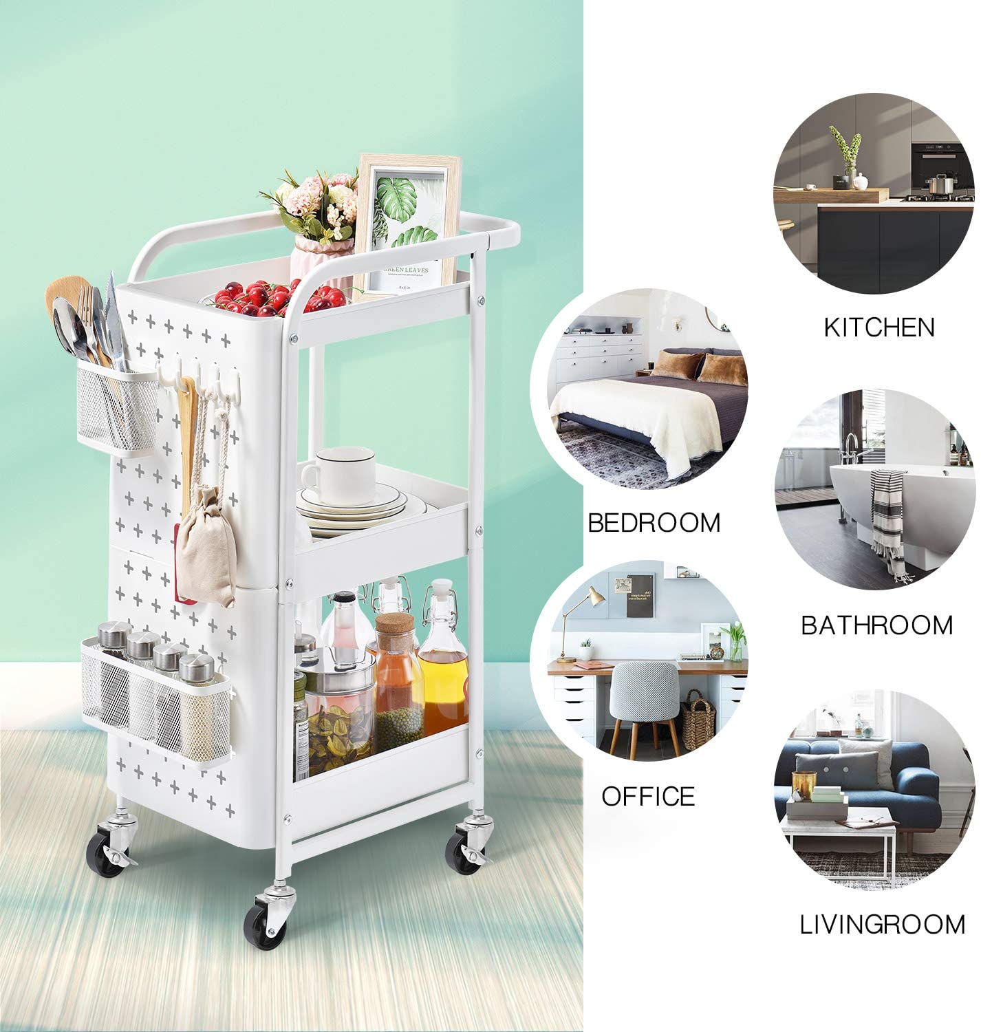 3 Tier Storage Rolling Cart, Heavy Duty Rolling Utility Cart Metal Push Cart with Pegboard and Extra Baskets Hooks, Trolley Organizer Cart with Utility Handle for Kitchen Office Home, White - image 2 of 7