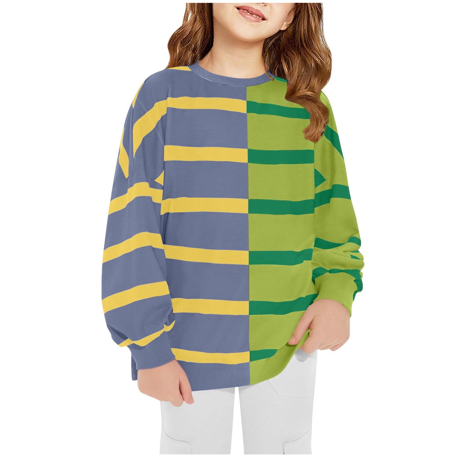 AJTQTH Long Sleeve Striped Color Block Sweatshirts for Kids Boys Girls Casual Graphic Round Neck Pullover T-Shirts Loose Oversized Baggy Outwear Tops Mint Green 9-10 Years