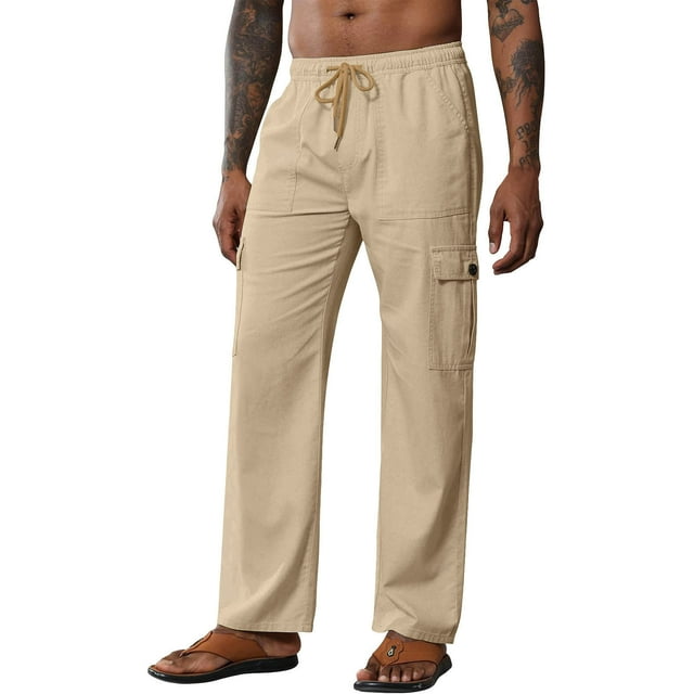 Pantalones largos para hombre de algodón y lino con cintura elástica, transpirables, cómodos, suaves, con bolsillos cargo, informales.