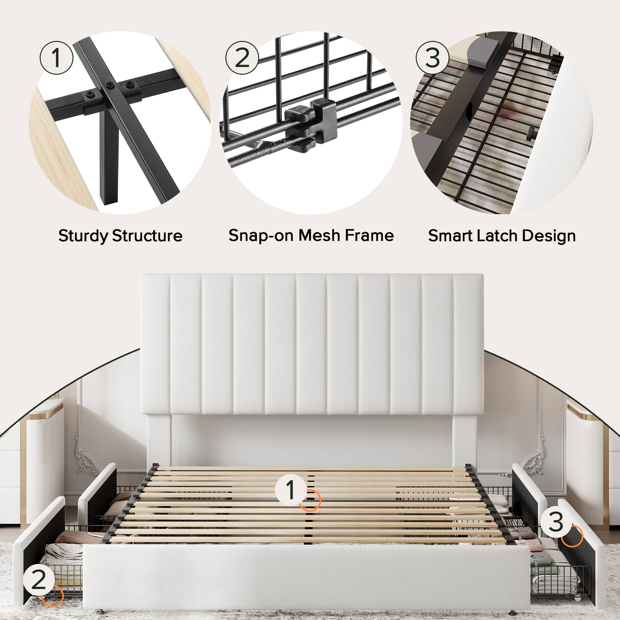 Einfach Full Bed Frame with Adjustable Upholstered Velvet Headboard and 4 Storage Drawers, No Box Spring Required, White