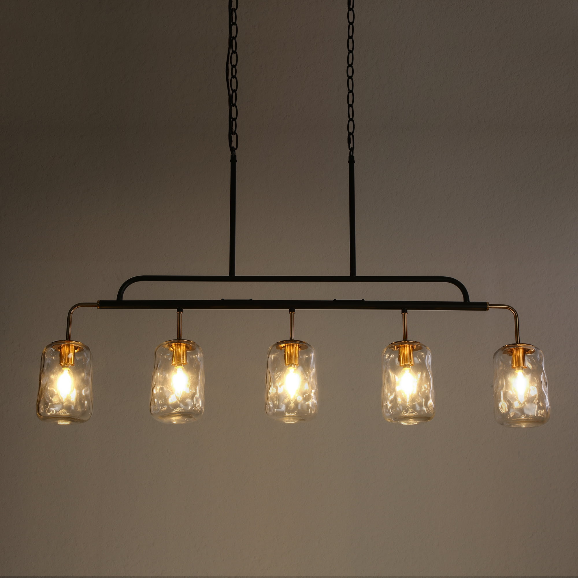 LNC Black & Gold 5-Light Linear Chandelier with Ripple Glasss, for Kitchen Island