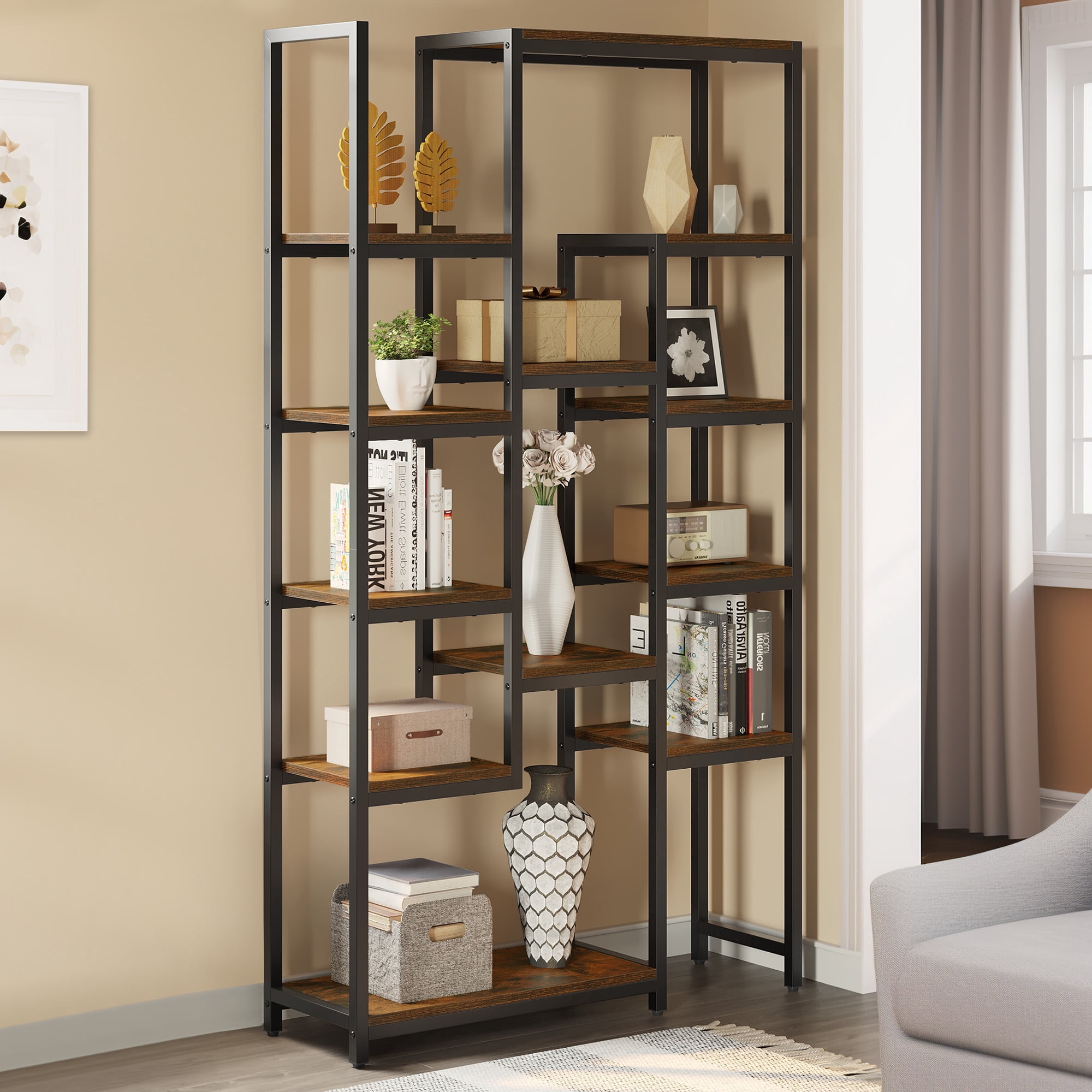 Dextrus 6 Tier Bookshelf, Tall Modern Free Standing Bookcase with 12 Shelf, Open Display Shelf Storage Book for Office Home, Black & Brown