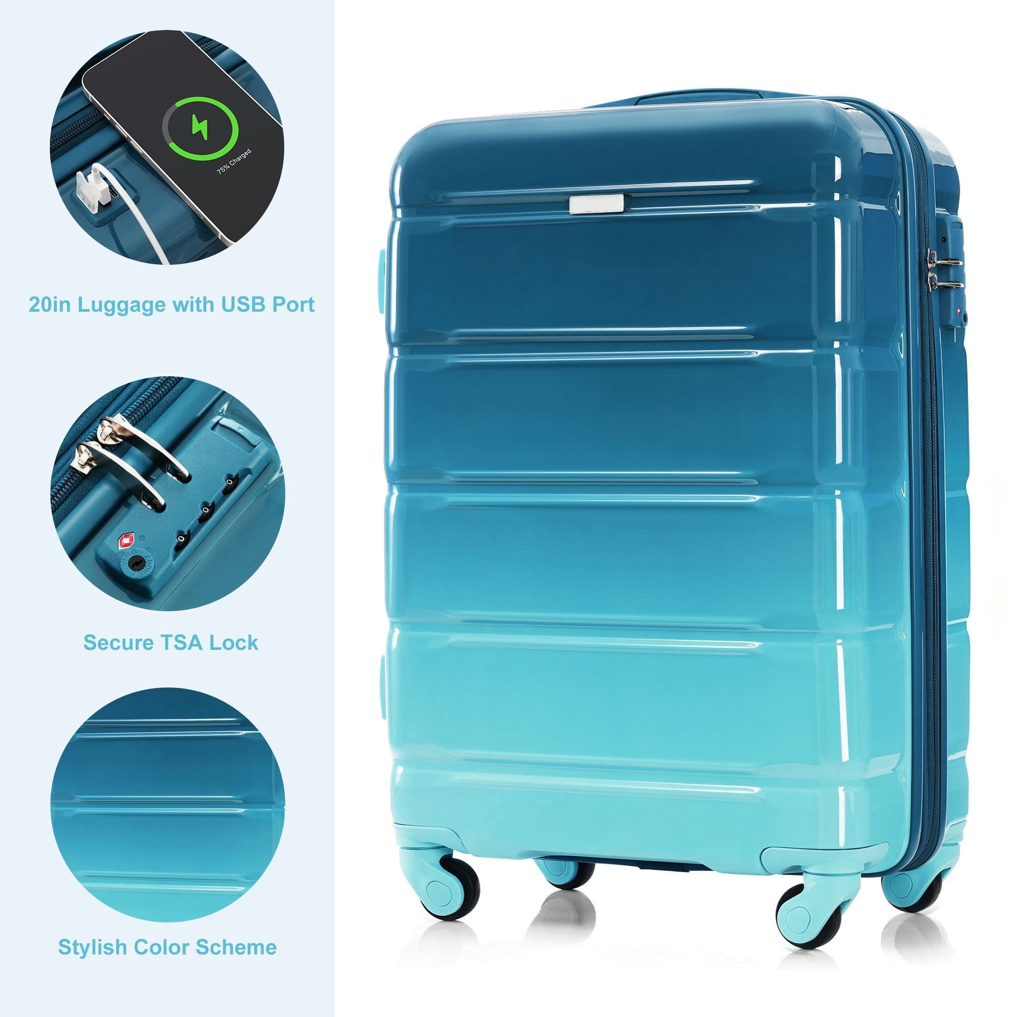 Euroco Luggage Sets 3 Piece, 20 Inch Carry On Luggage with TSA Lock & Spinner Wheels, ABS+PC Hardshell Lightweight Suitcase Set with Travel Bag for Men Women,Airline Approved,Blue
