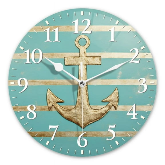 Personalized Wall Clock Non-Ticking Silent Clocks Battery Operated Round Clocks Decorative for Bathroom,Office-Vintage Nautical Anchor On Light Blue Striped Background(12inch)