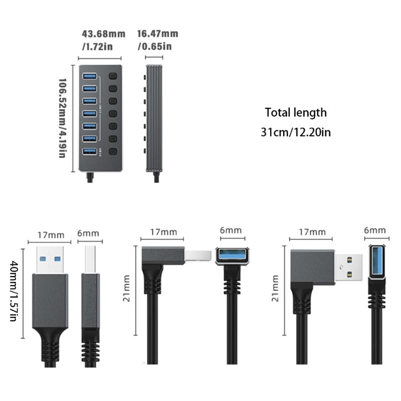CEORPER Type C Power USB Hubs 7Port Aluminum Alloy Independent Switches LED Indicators