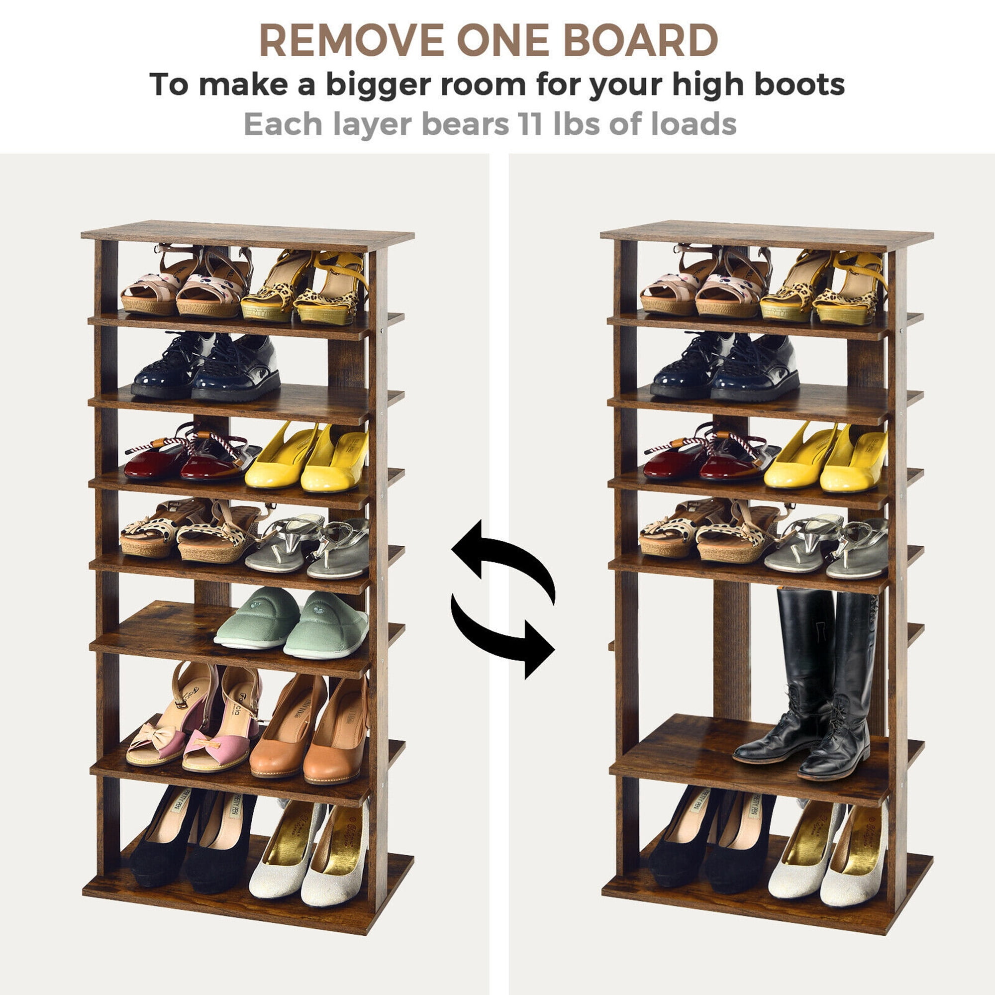 Gymax 7-Tier Free Standing Shoe Rack, Wood, Rustic Brown