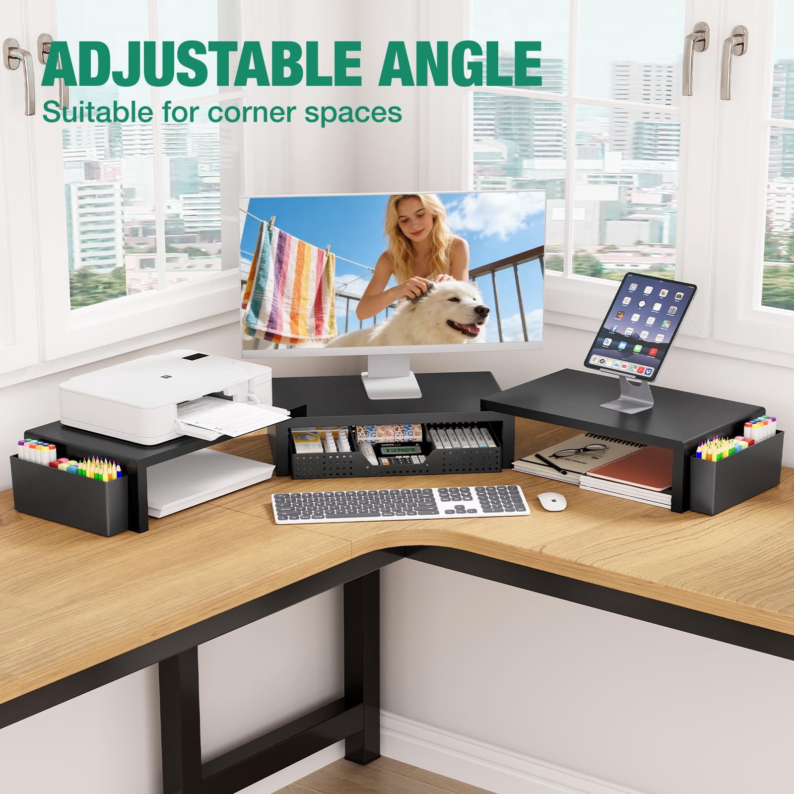 Dual Monitor Stand Riser With Drawer And 2 Pen Holders  Desk Organizer For Office Supplies Computer Workspace Accessories Home Black