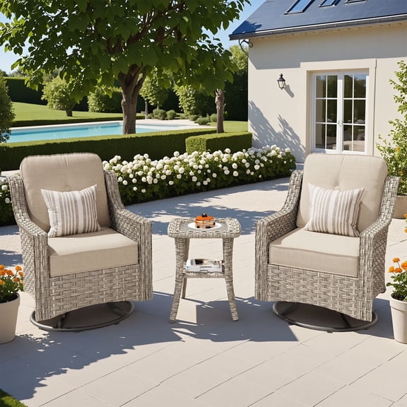 Vcatnet 3 Pieces Outdoor Patio Furniture Wicker Outdoor Swivel Rocking Chairs Set of 2 with Side Table, Swivel Rocker Patio Chairs Set for Porch, Backyard, Beige
