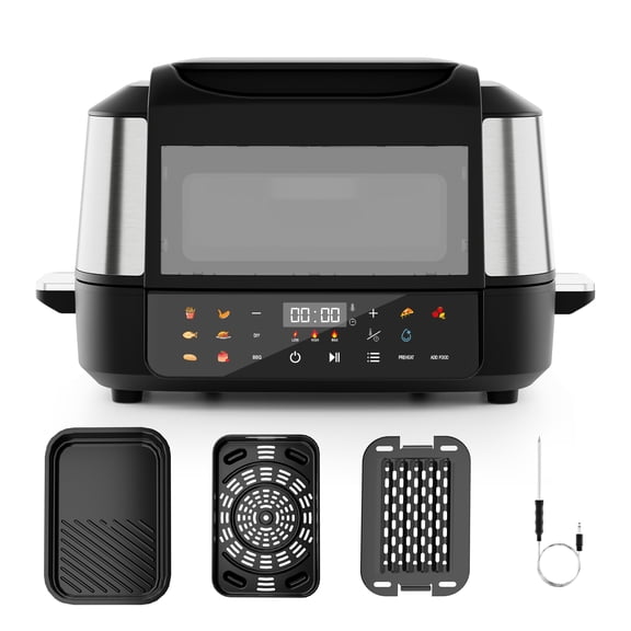 WHALL Indoor Grill 12-in-1 with Air Fry, Roast, Bake, Broil, Pizza, BBQ, Dehydrate, 1800W, Black