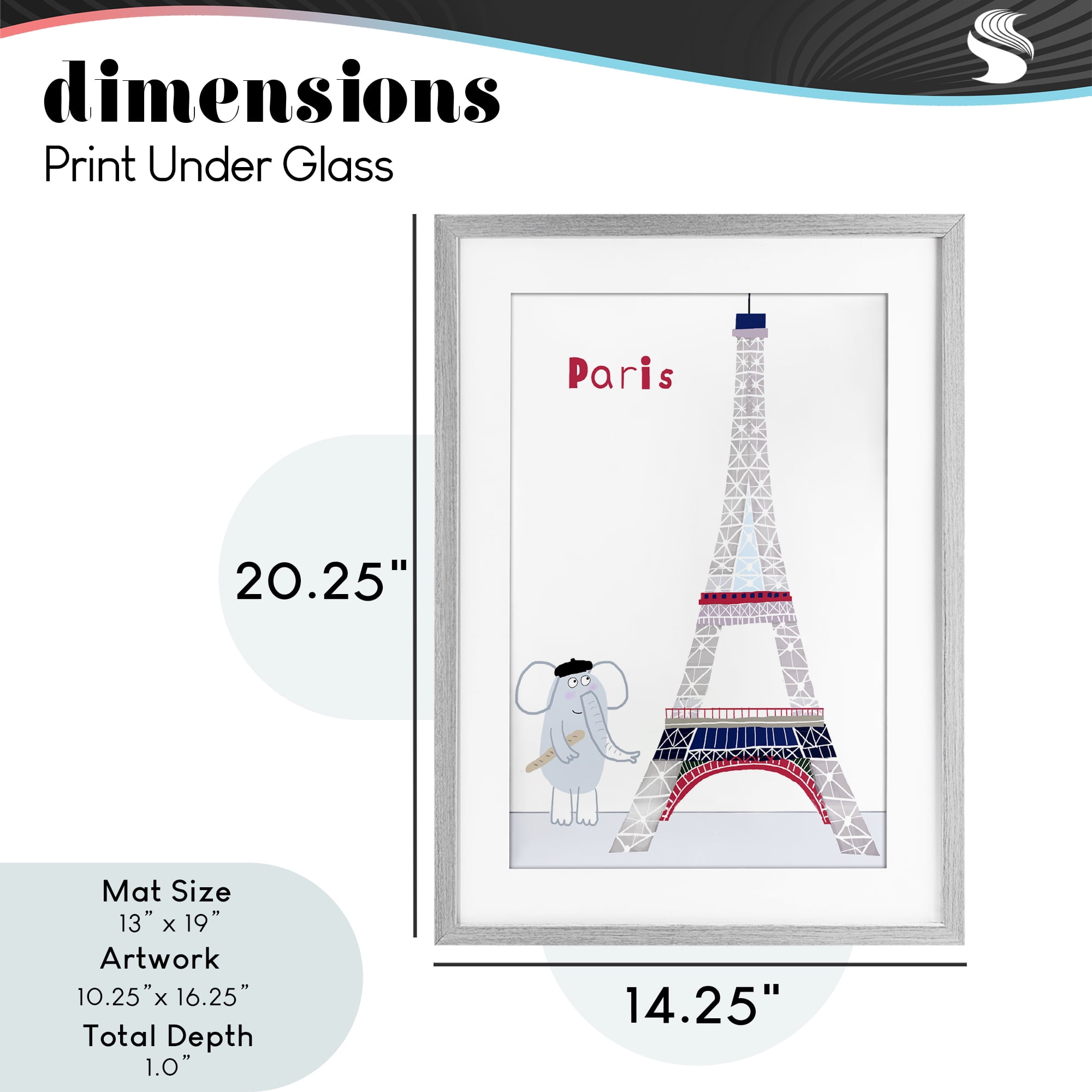 Elephant & Eiffel Tower Gray Framed Print Under Glass, design by Carla Daly