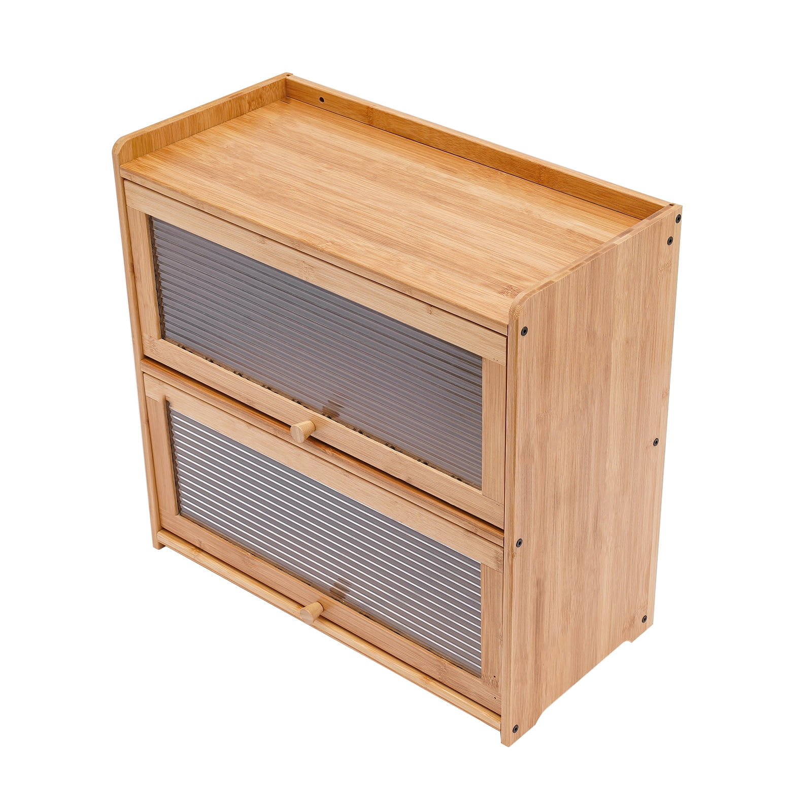 Countertop Storage Cabinet, Multipurpose Organizer Cabinet w/Glass Doors, Bamboo Kitchen Pantry Sideboard, Console Dining Cupboard (Primary Color, Lamps not Included, 20.5" D x 9.8" W x 19.7" H)
