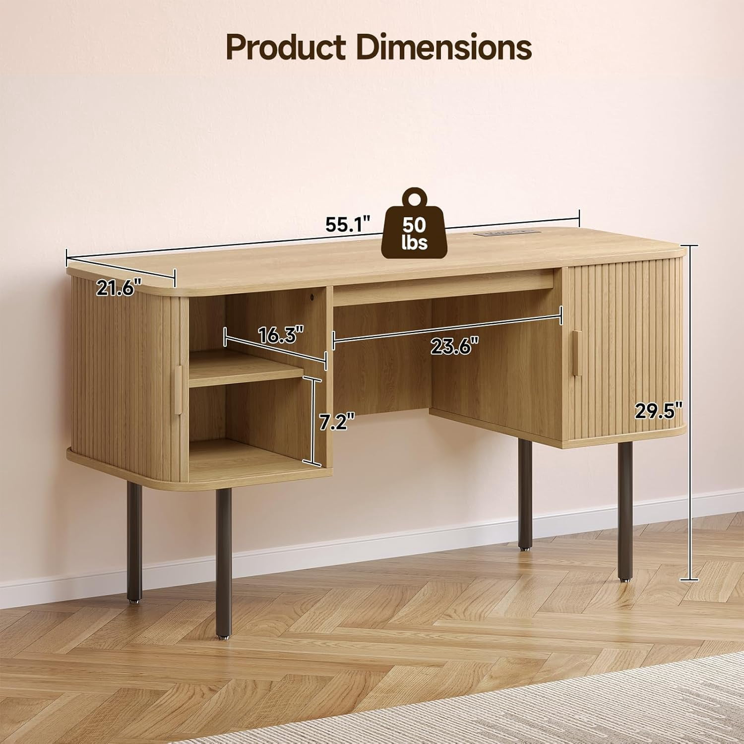 55-Inch Oak Fluted Computer Desk with Charging Station and 2 Storage Cabinets, Mid-Century Executive Desk for Home Office