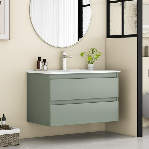 32 Inch Wall Mounted Bathroom Vanity with Sink, Floating Bathroom Vanity with 2 Large Drawers and Soft-Close System, Modern  Wood Frame Storage Cabinet for Home, Green