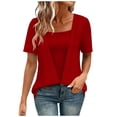 thumbnail image 2 of Womens Summer Tops Trendy 2 in 1 Blouses Short Sleeve Shirts Casual T Shirts Beach Vacation Clothes (2XL, Red), 2 of 5