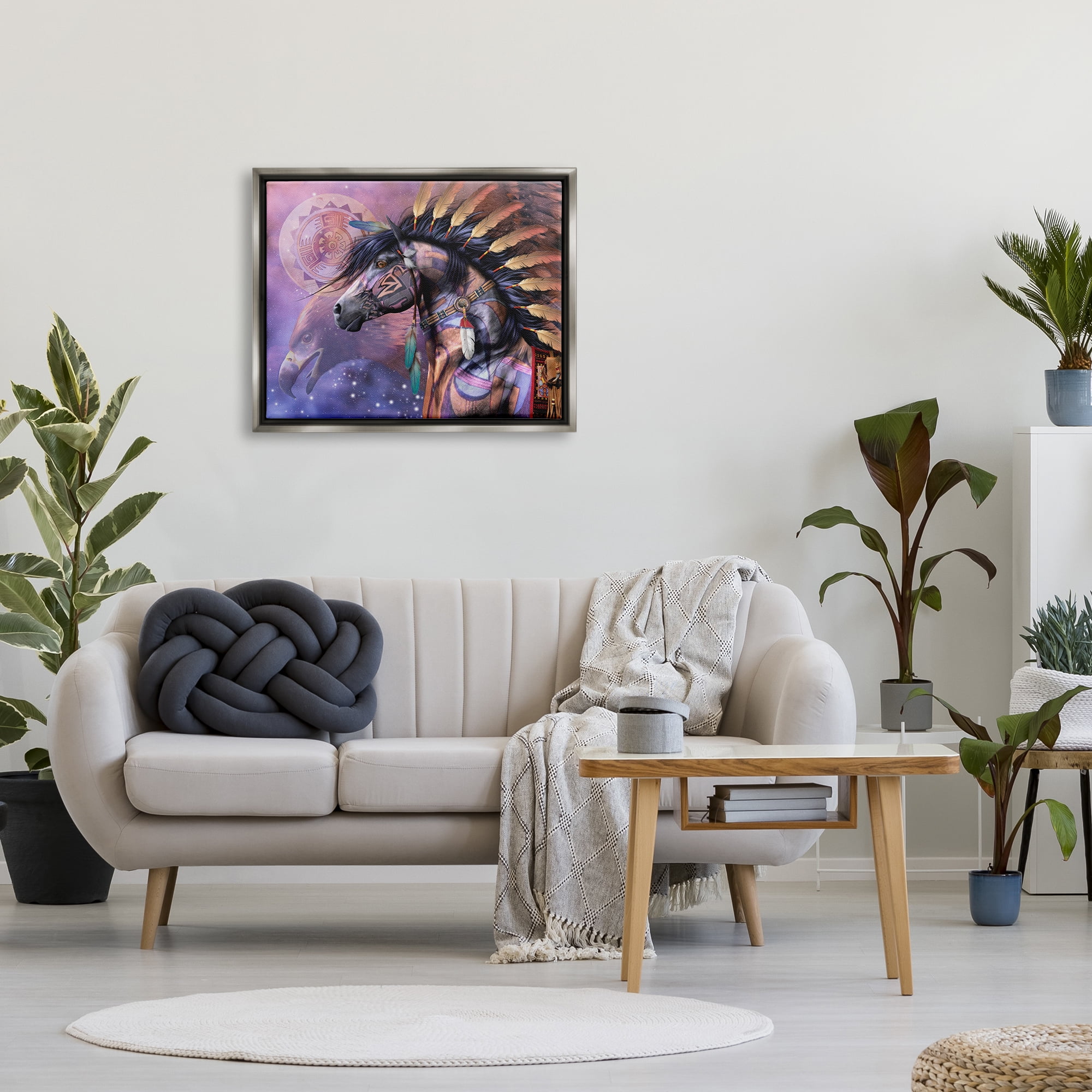 Stupell Industries Shaman Native Horse Animals & Insects Painting Gray Floater Framed Canvas Art Print Wall Art, 31 x 25