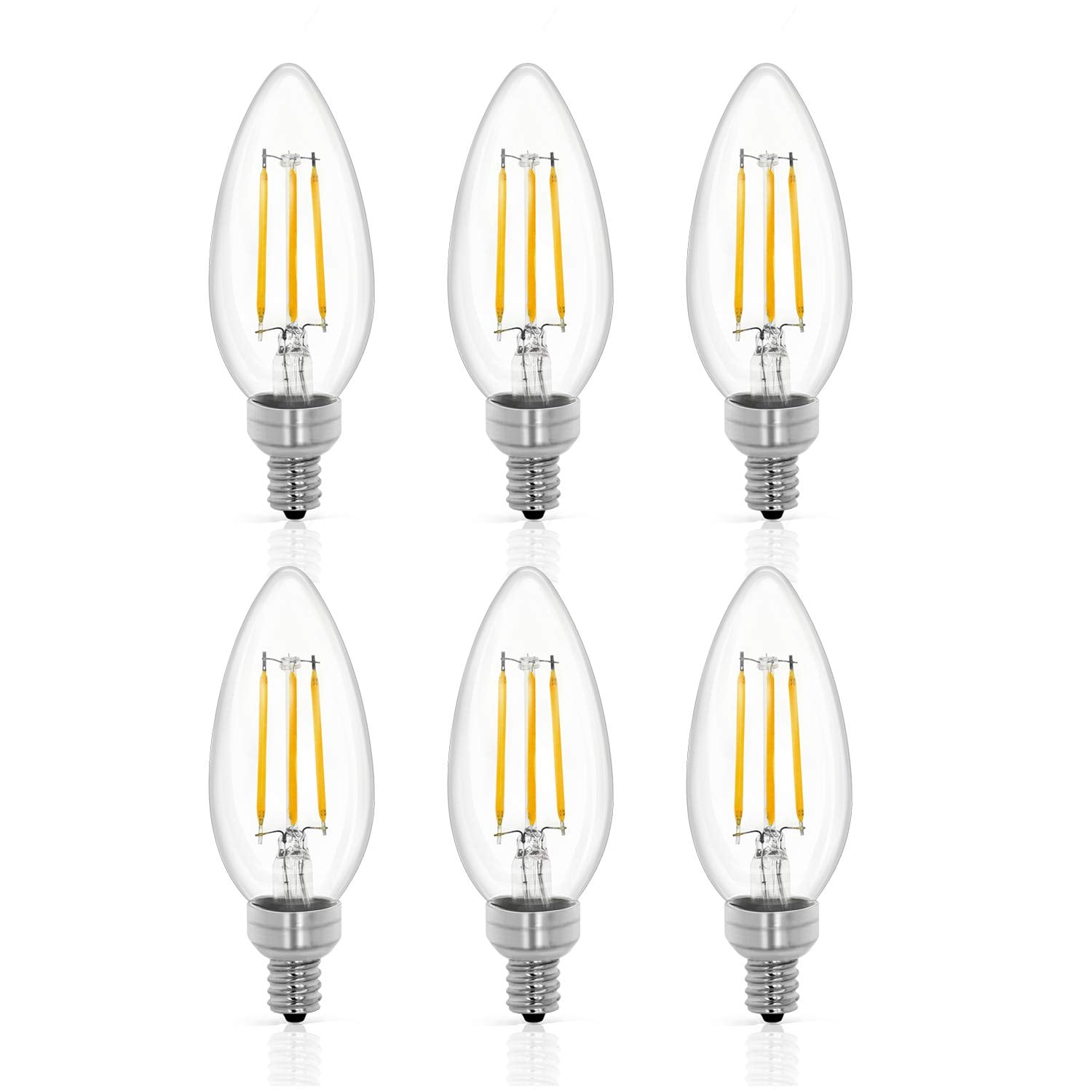 Tenergy LED Candelabra Bulbs Dimmable, 4W (40 Watt Equivalent) Warm White Soft White (2700K) E12 Base Decorative B11/C37 Filament Candle Bulbs for Chandelier/Ceiling Fan (Pack of 6)