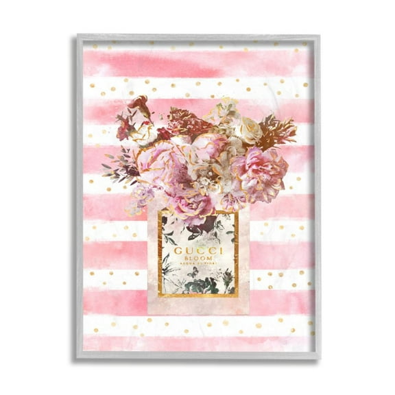 Stupell Industries Fashion Floral Vase Pink Flowers Stripe Pattern Design by Ziwei Li, 16" x 20", Gray Framed
