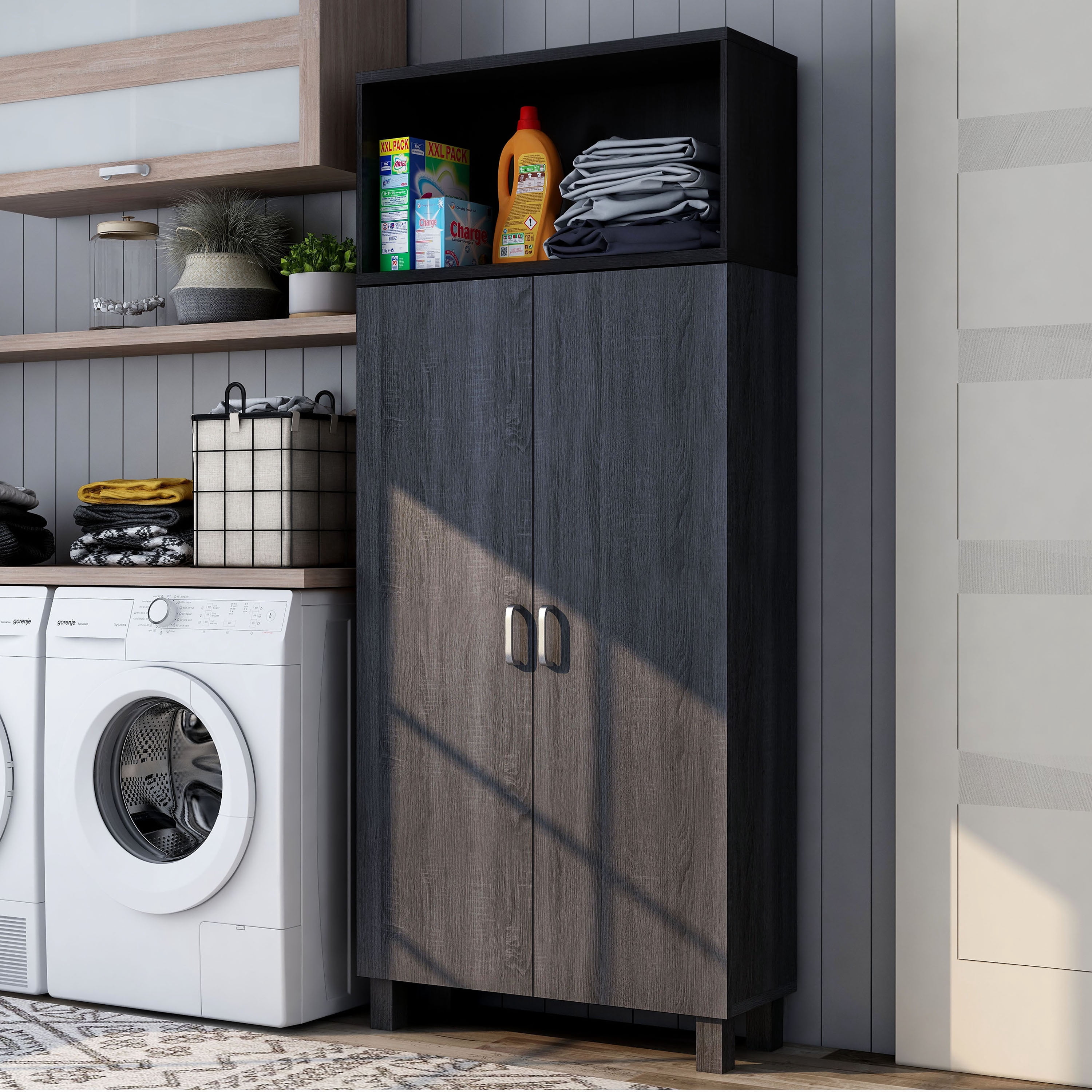 Furniture of America Audie Wood 5-Shelf Pantry Cabinet, Gray and Black