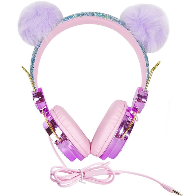 Adorable Purple Children Headset with Rhinestone Glitter Furry Ball for Music Listening ABS Material 85DB Volume Control