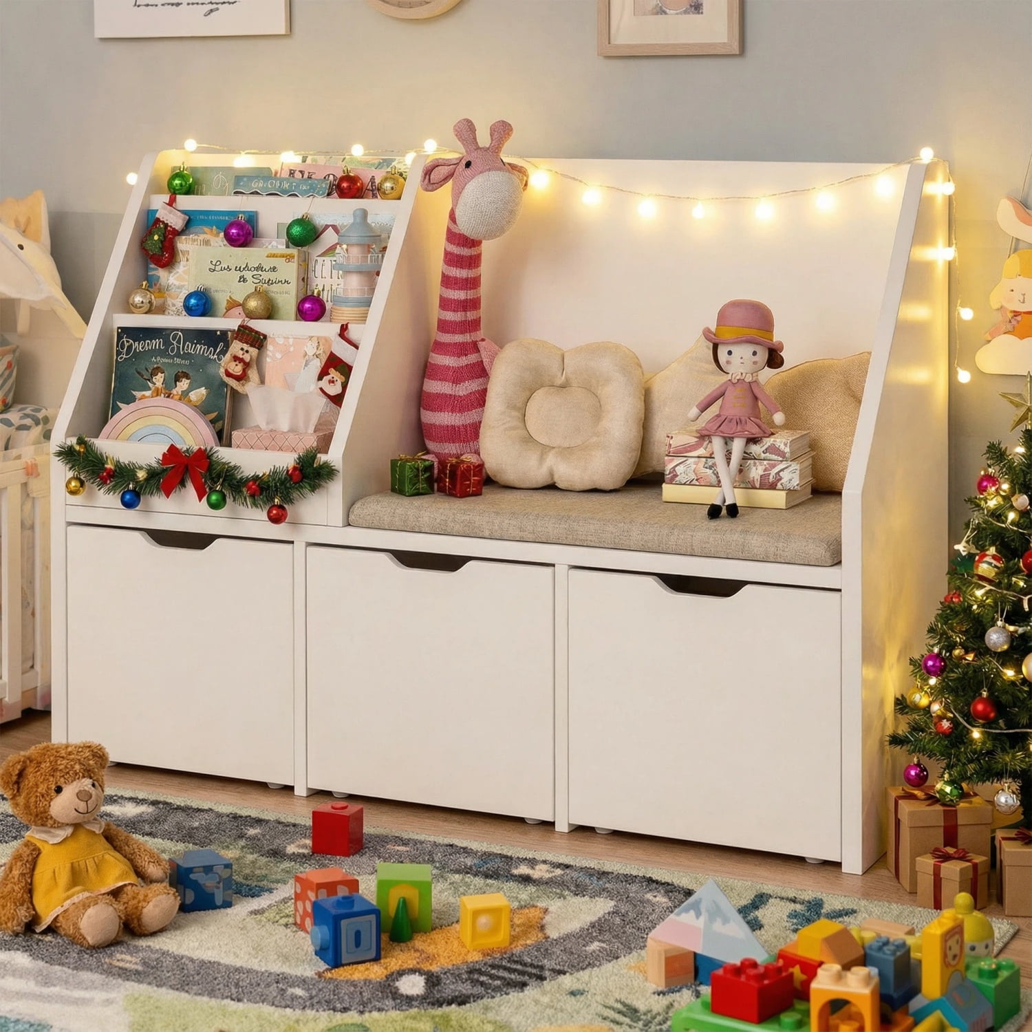 Kbun 40in Kids Bookshelf,  Book Wood Storage Organizer with 3 Large Drawers, Toy Storage Organizer for Playroom Bedroom, White
