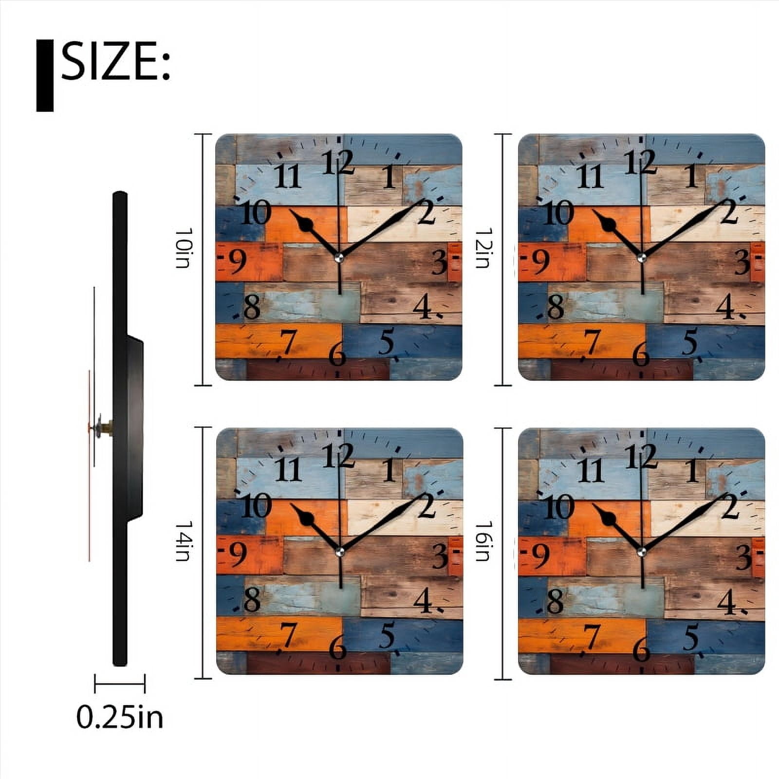 Square Wall Clock,Colorful Wooden Wall With Horizontal And Vertical Planks,Silent Non-Ticking Wall Clock Decor for Home Office Kitchen Living Room Bedroom(10inch)