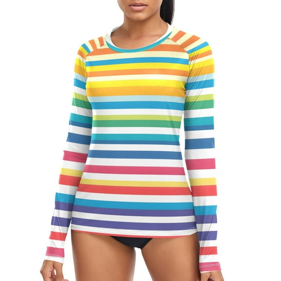 joogoo Womens UPF 50 Rash Guard Rainbow Stripes Long Sleeve UV Protection Sun Shirts Tops S