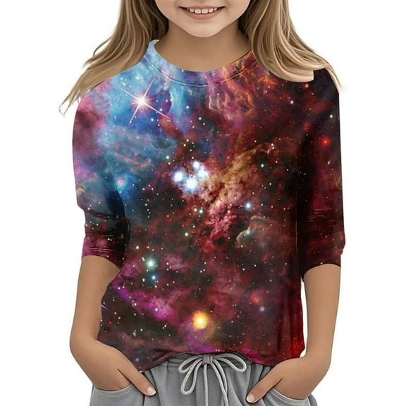 Girl Fall Blouses Casual Starry Sky Print Round Neck 3/4 Sleeve Children Brown Fall Tops for Girls Trendy for 6-7 Years