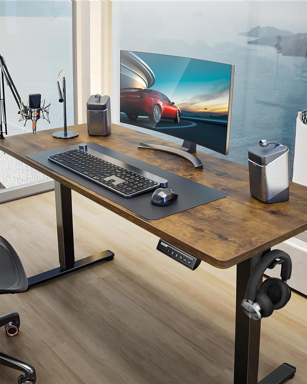 Kyspho Height Adjustable Electric Standing Desk, 55 x 28 Inches Sit Stand up Desk, Large Memory Computer Home Office Desk with Two-Piece Desktop (Vintage Brown)