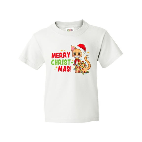 Inktastic Merry Christmas Cute Cat with Colorful Lights Youth T-Shirt