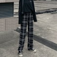 thumbnail image 2 of VISgogo Pantalones rectos de pierna ancha para mujer, pantalones largos casuales de cintura alta con estampado a cuadros y ajuste relajado VISgogo  moda, 2 of 3