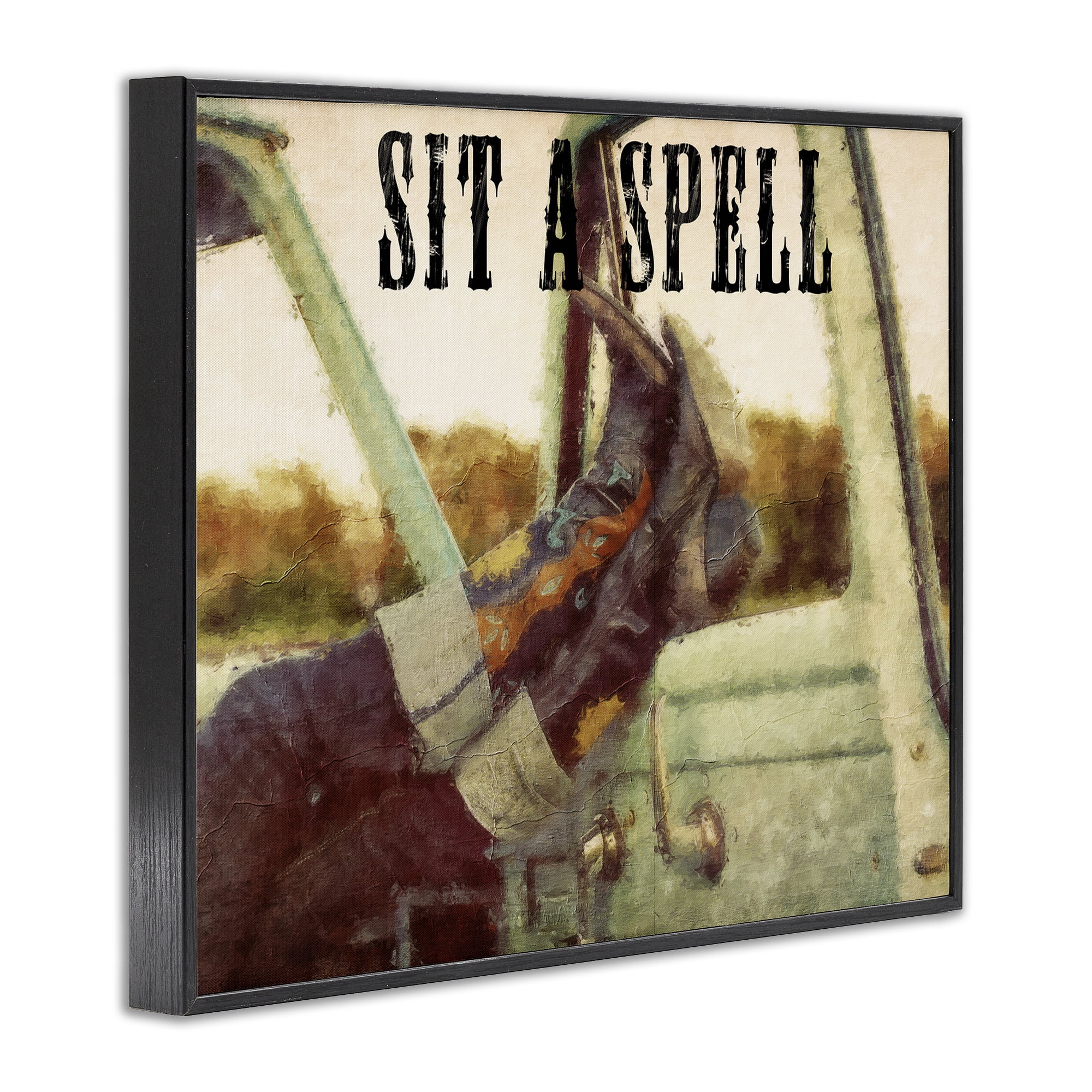 Stupell Industries Sit A Spell Cowboy Typography Painting Black Framed Art Print Wall Art, 20 x 16