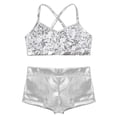 thumbnail image 3 of Yartina Kids Girls 2-Piece Shiny Sequins Crop Top with Booty Shorts Set Gymnastics Dance Outfits Silver 12, 3 of 7