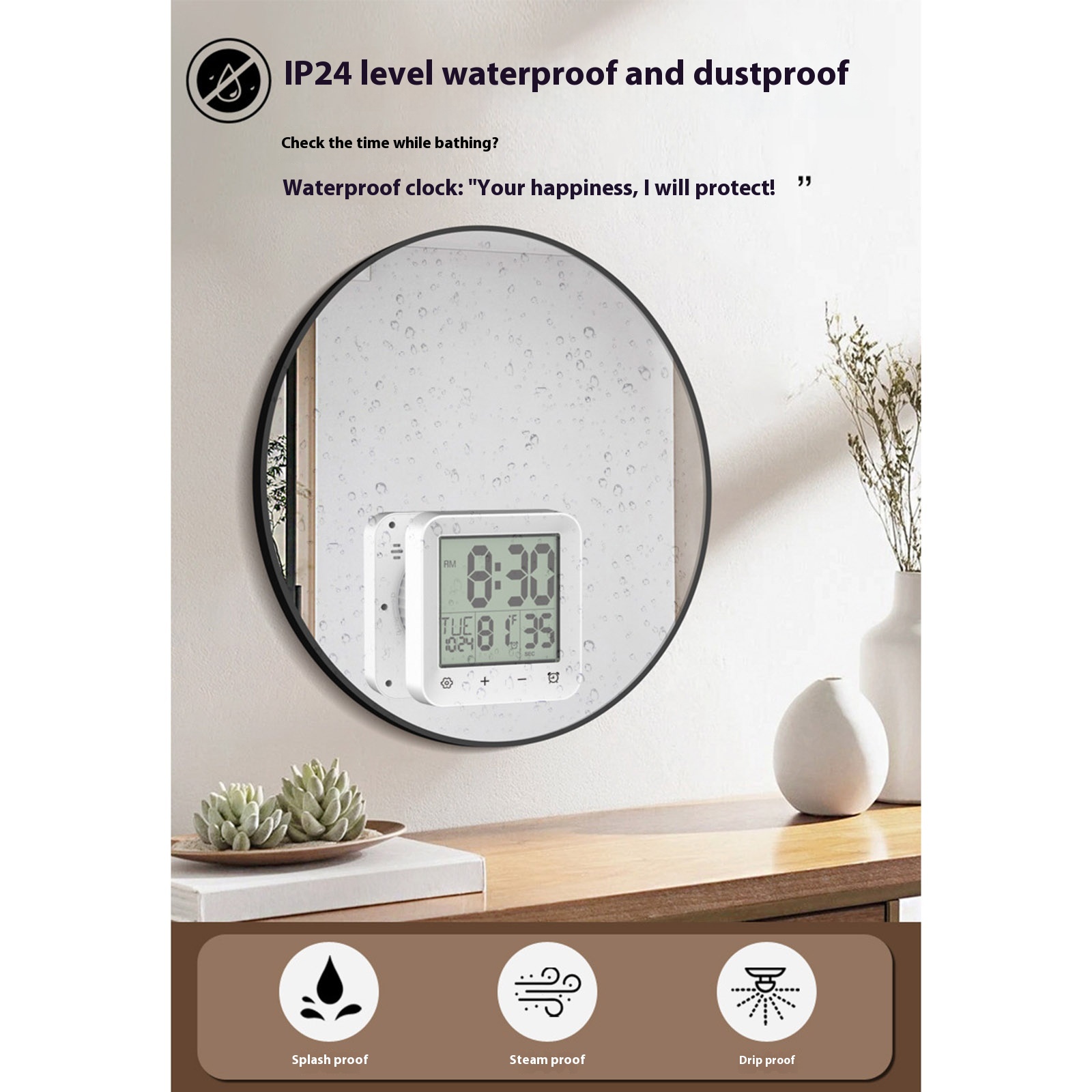 Bathroom Clock Kitchen Wall Clock with LCD Screens Shower Clocks with Suction Cup,Temperature Calendar Water Resistant